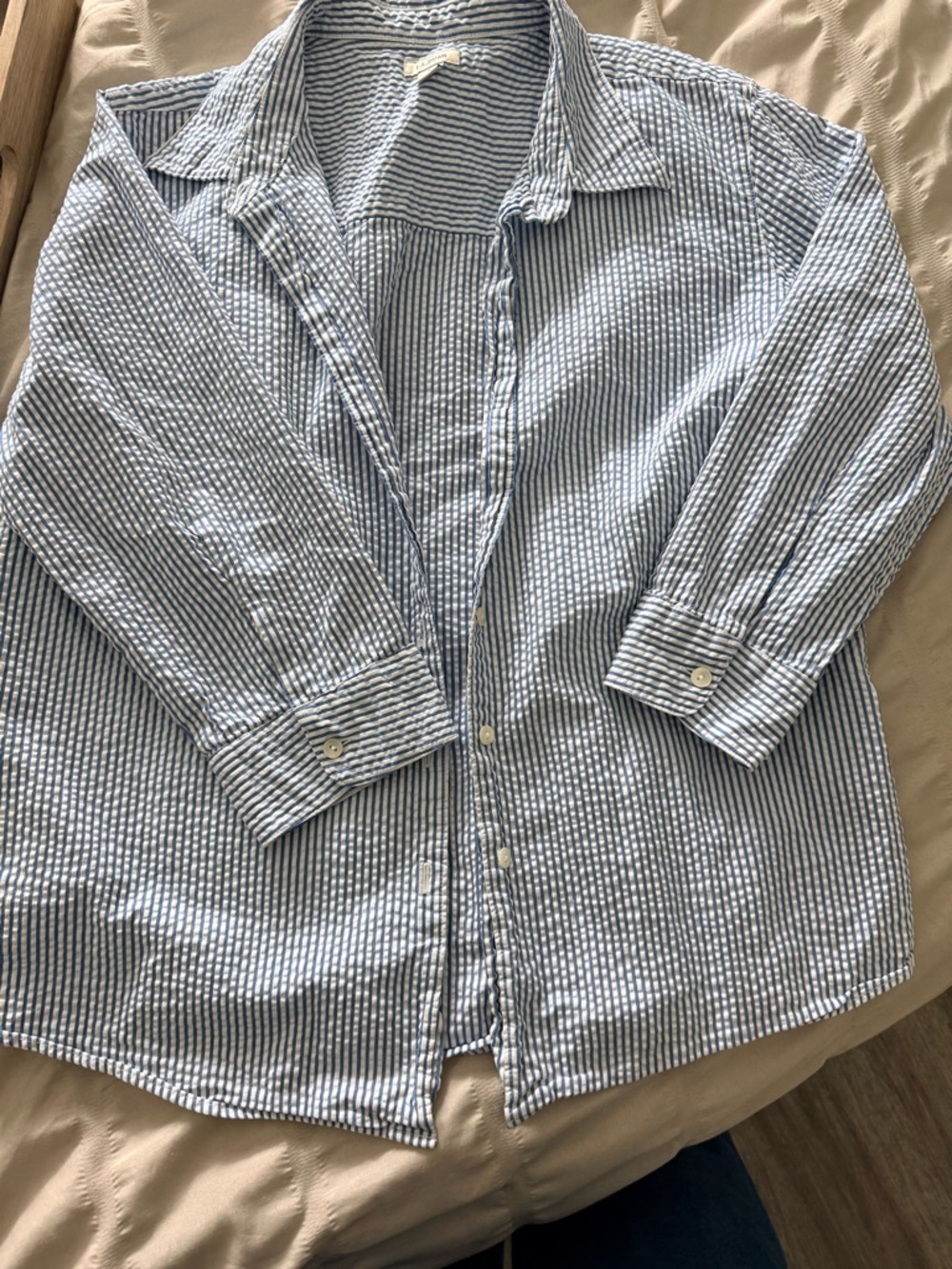 L.L. Bean Blue and White Striped Seersucker Button-Down Shirt